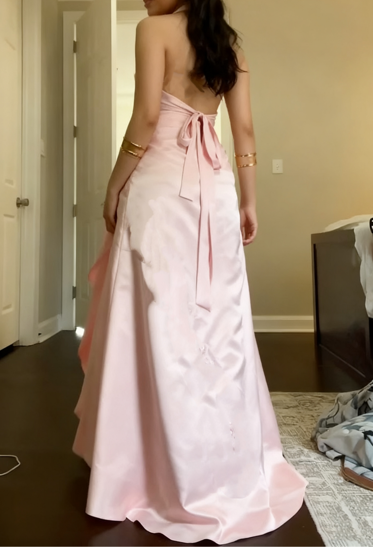 A-Line Pink Applique Long Prom Dress Satin Formal Evening Dress