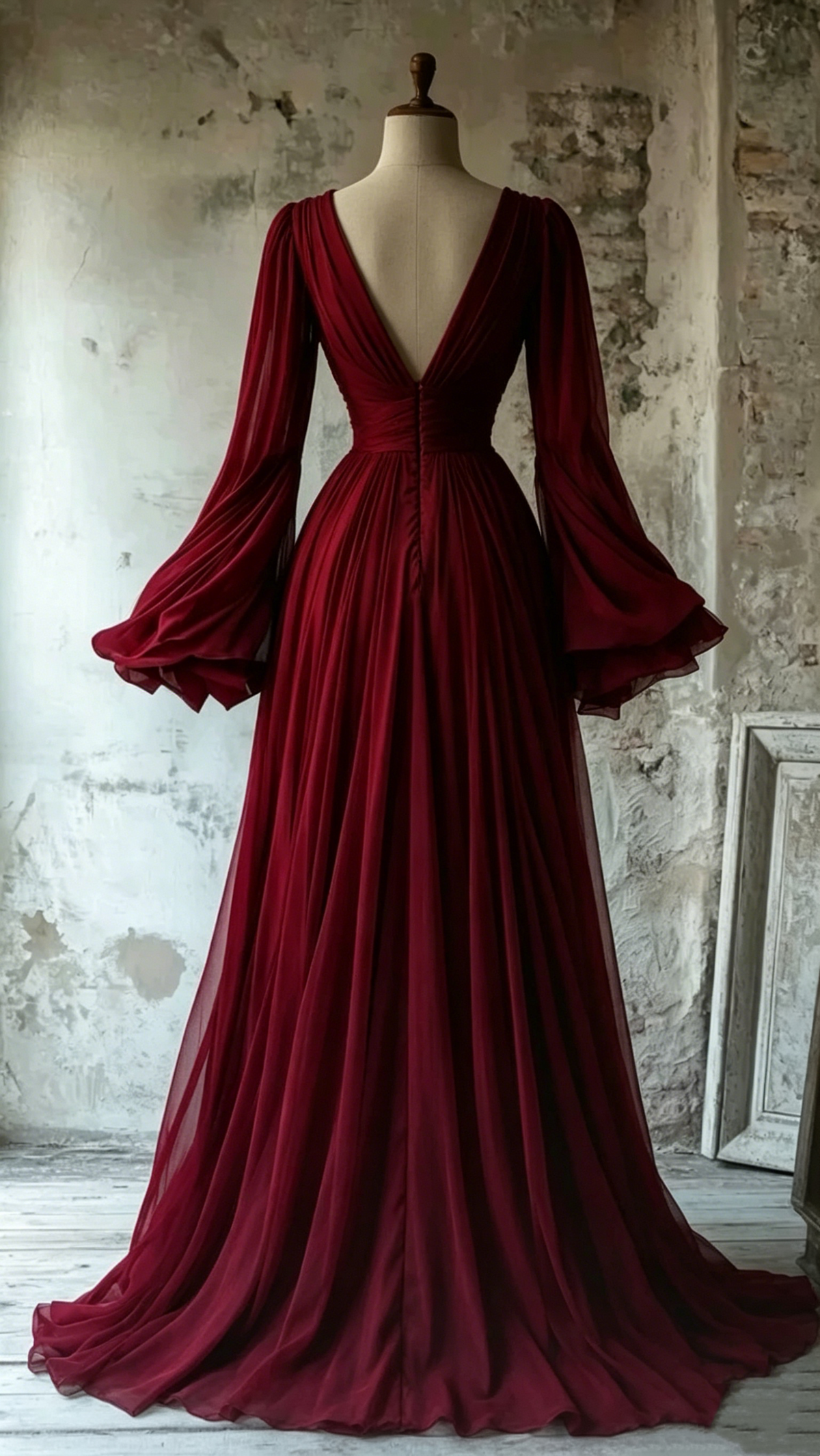 Modest V Neck A-Line Burgundy Chiffon Vintage Long Evening Party Dresses J8165
