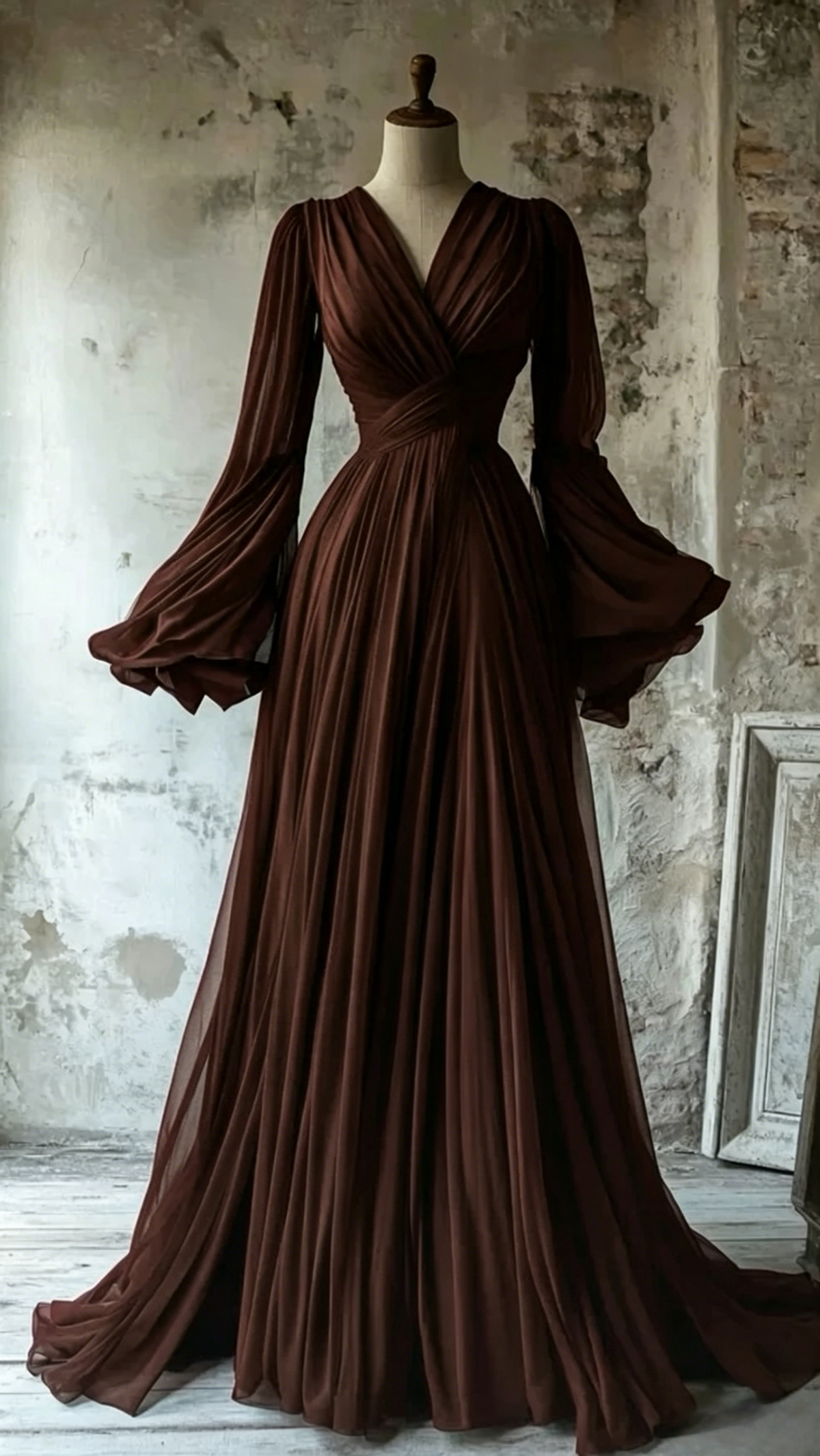 Modest V Neck A-Line Burgundy Chiffon Vintage Long Evening Party Dresses J8165