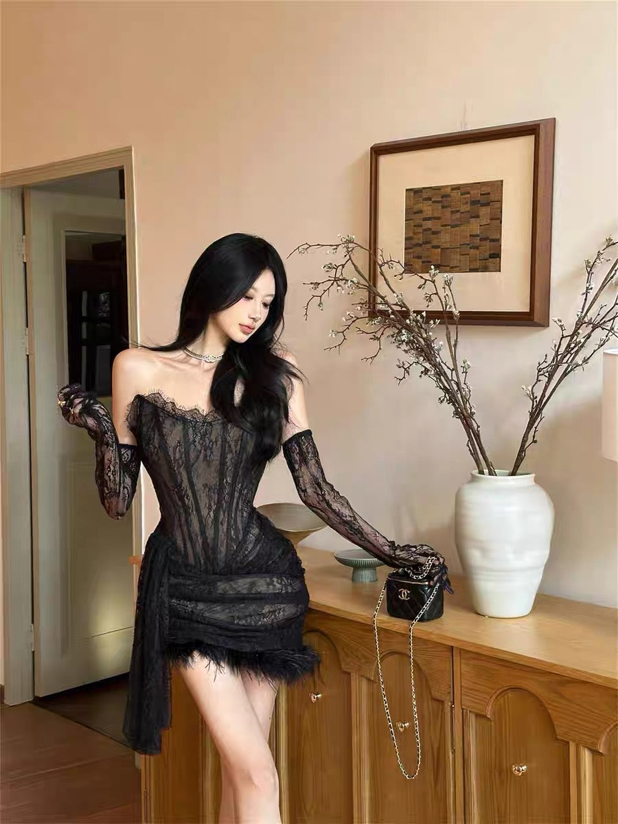 Black Lace Sheath Birthday Dress Short Evening Dress J8315