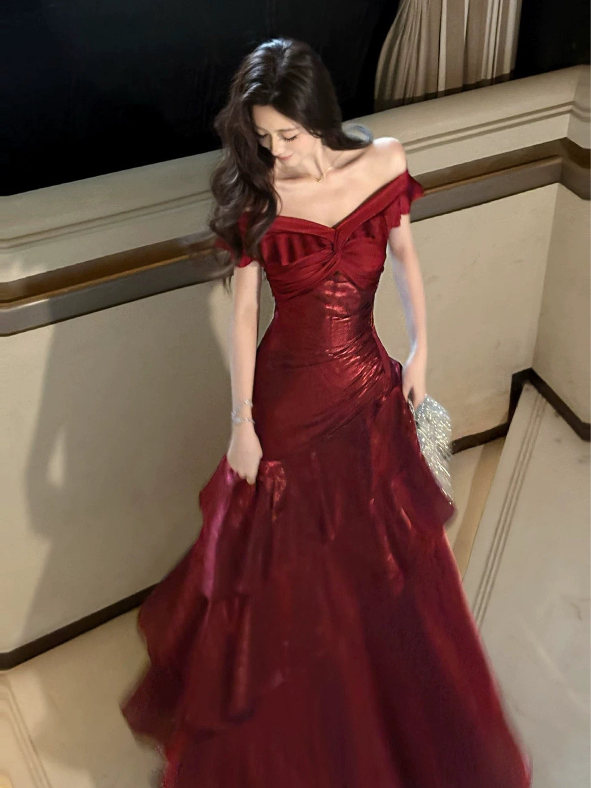 Off The Shoulder Ivory Long Prom Dress Layered Evening Dress J8606