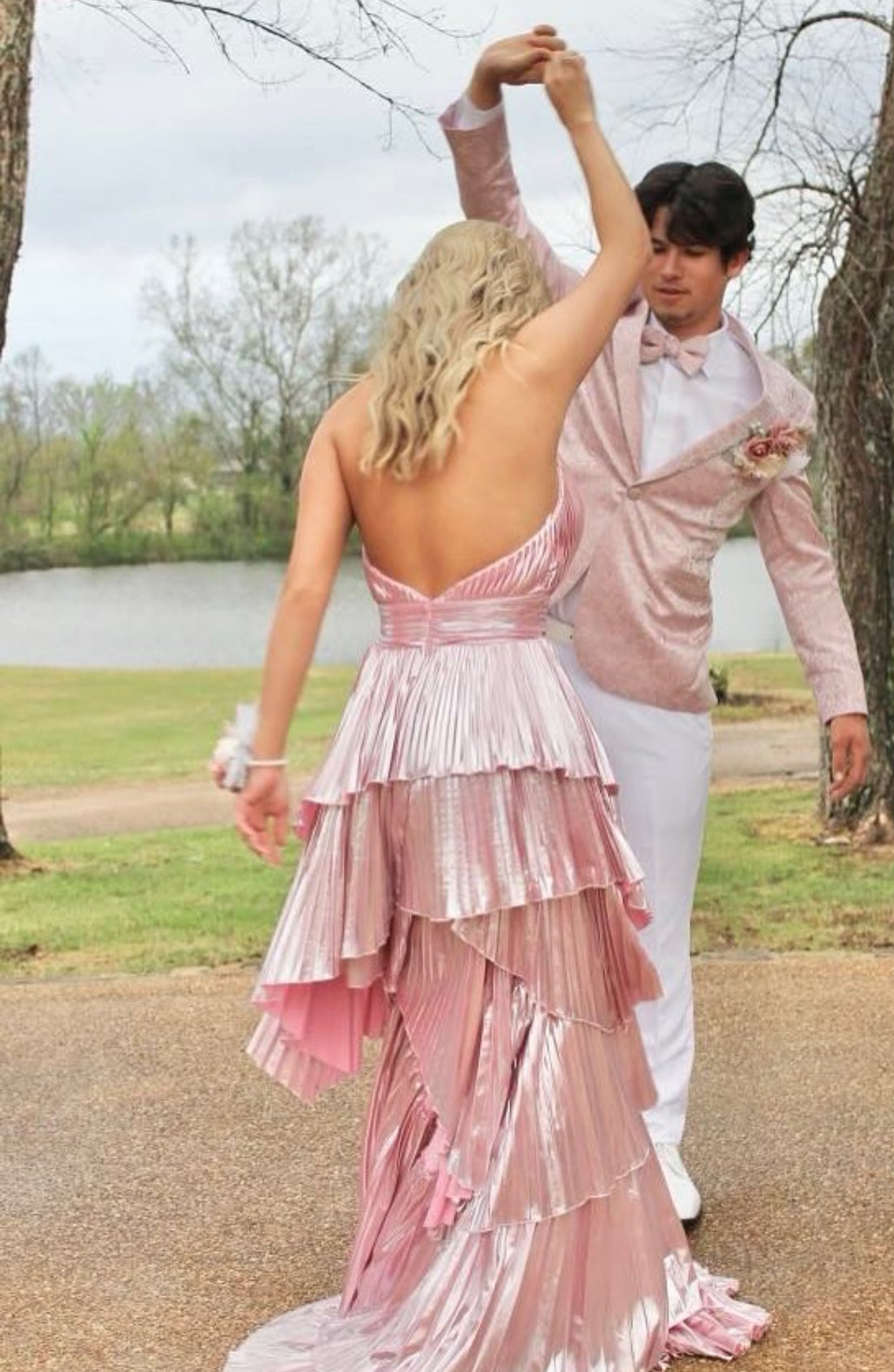 Halter Pink Pleated Long Formal Dress V Neck Evening Dress J8655