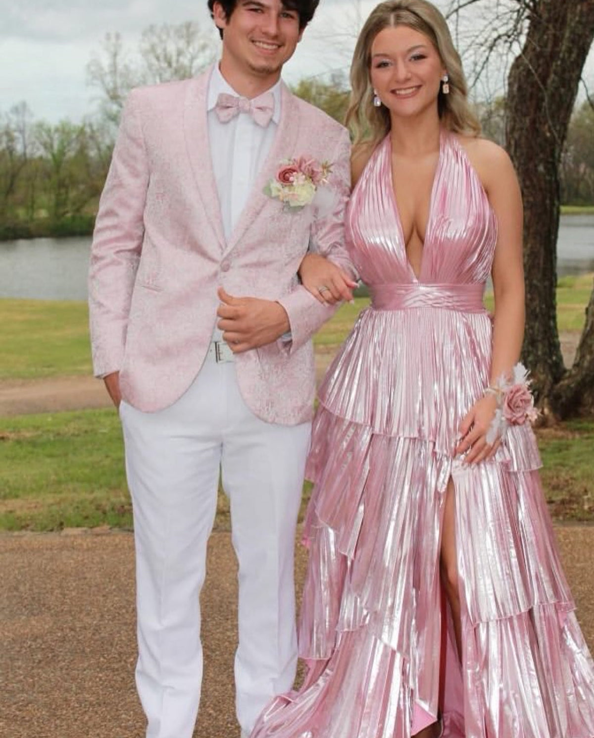 Halter Pink Pleated Long Formal Dress V Neck Evening Dress J8655