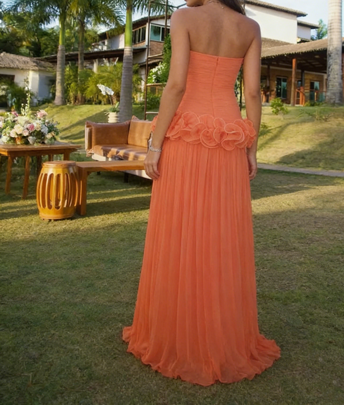 Strapless A-Line Orange Long Prom Dress Wedding Guest Dress