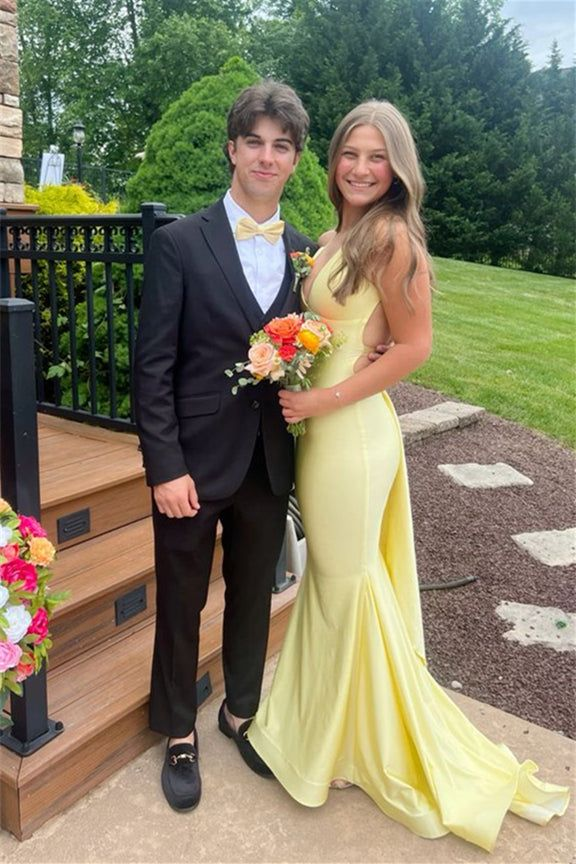V-neck Yellow Open Back Sheath Long Dress J8918