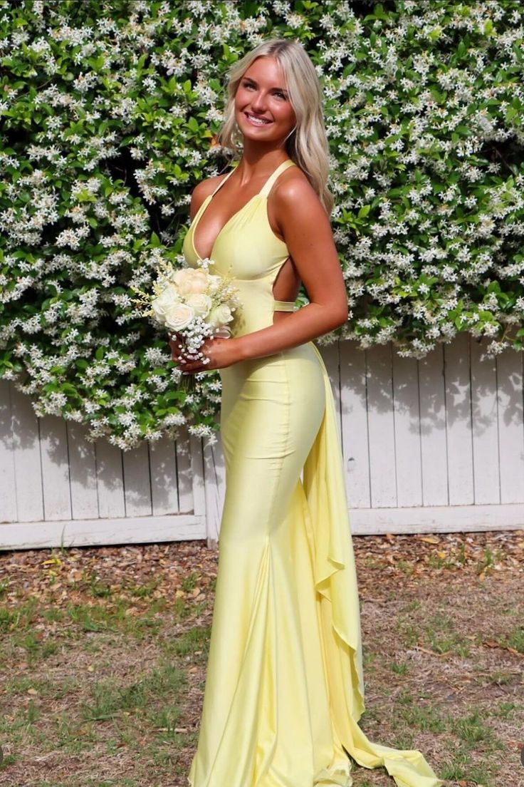 V-neck Yellow Open Back Sheath Long Dress J8918