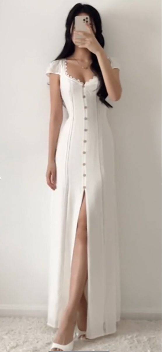 Sexy Ivory Long Dress With Front Slit Outfit Dress With Short Sleeves