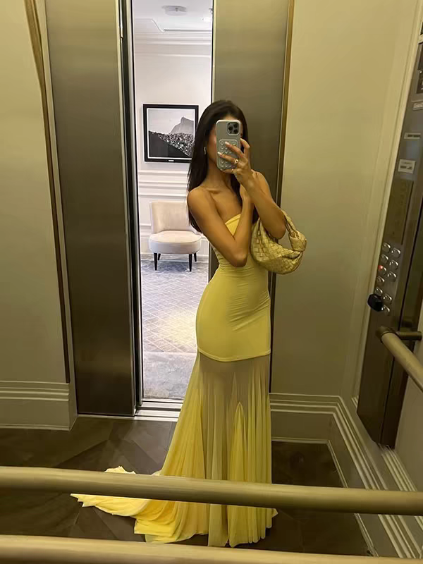 Strapless Light Yellow Long Evening Dress Formal Prom Dress