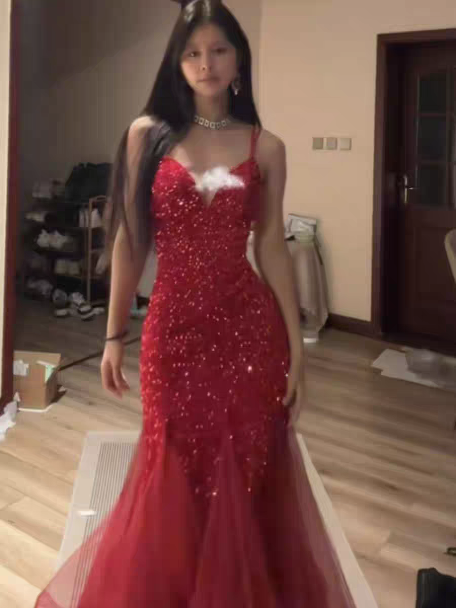 Red Sequin Evening Dress Sparkling Formal Prom Dress