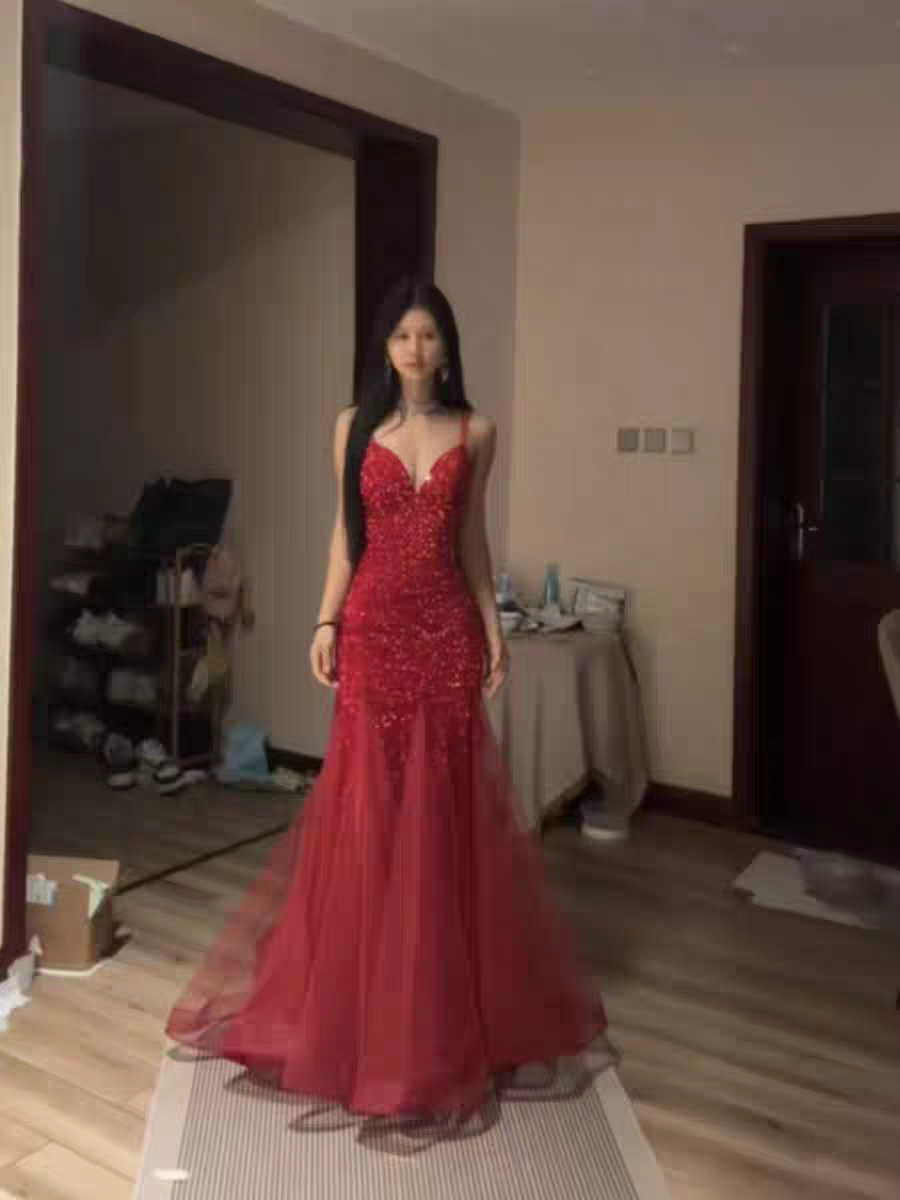 Red Sequin Evening Dress Sparkling Formal Prom Dress