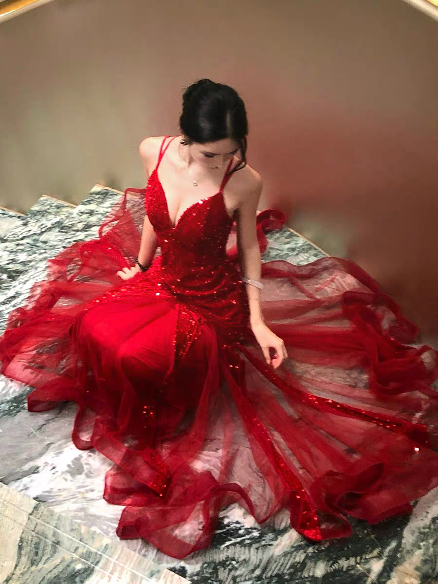 Red Sequin Evening Dress Sparkling Formal Prom Dress