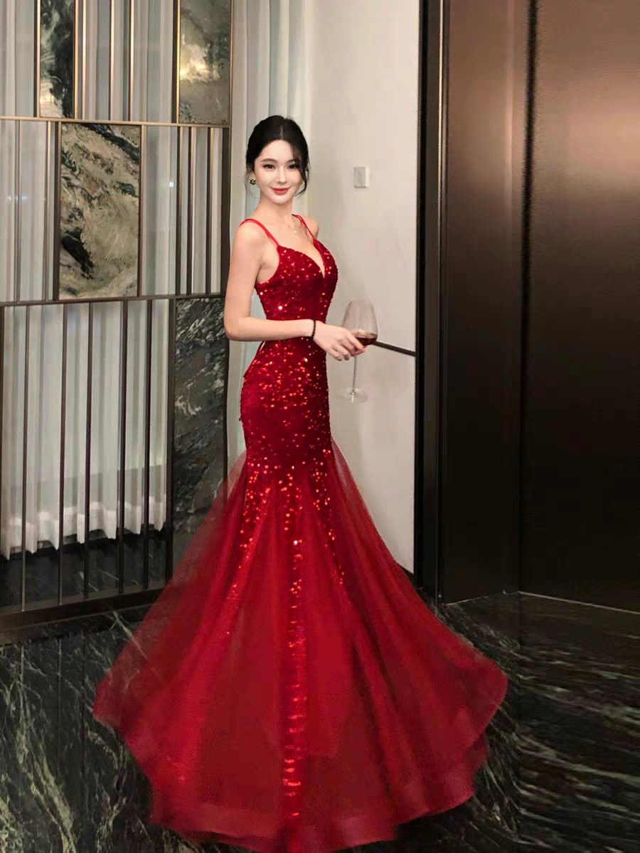 Red Sequin Evening Dress Sparkling Formal Prom Dress
