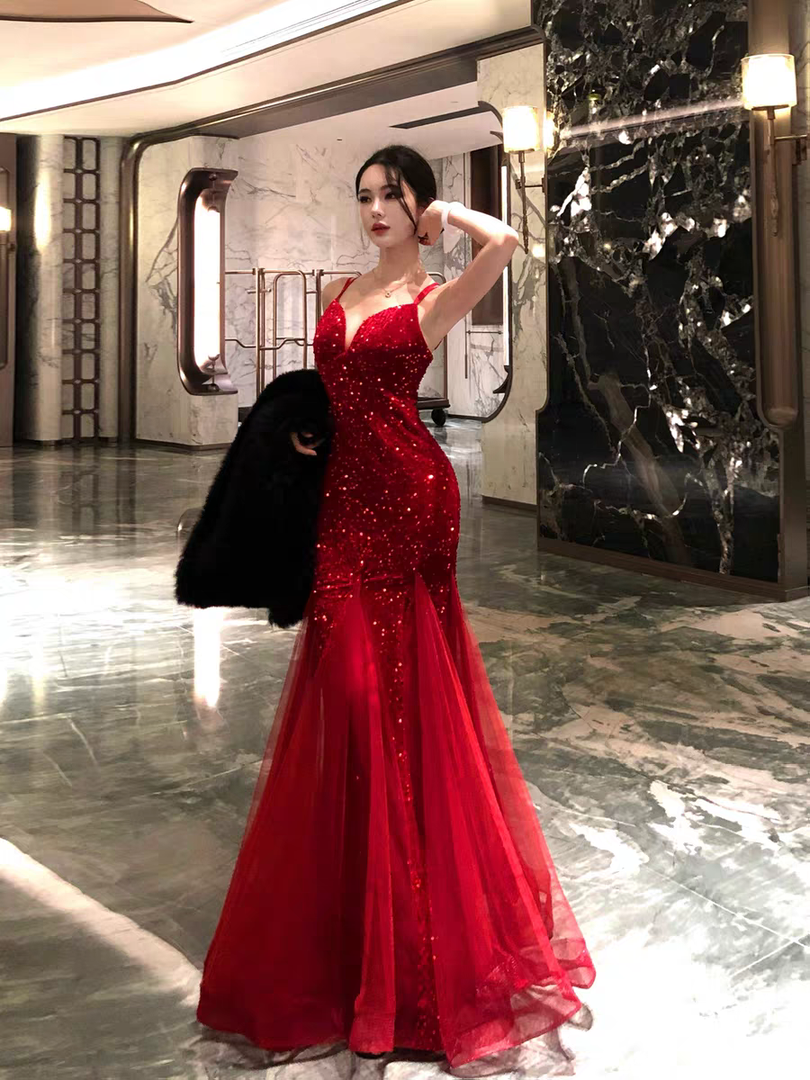 Red Sequin Evening Dress Sparkling Formal Prom Dress