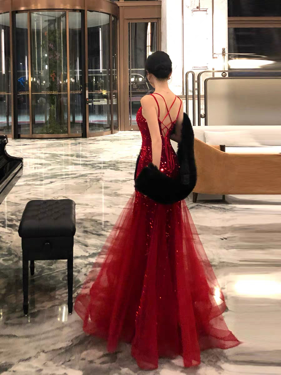 Red Sequin Evening Dress Sparkling Formal Prom Dress