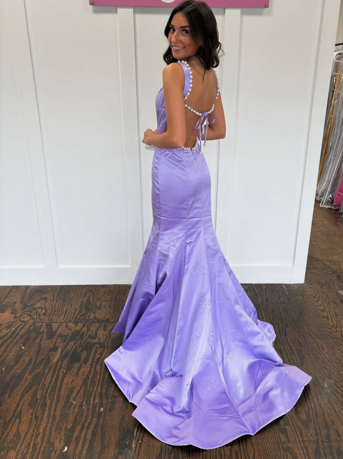 Lilac Mermaid Satin Prom Dress Backless Pearl Strap Evening Dress