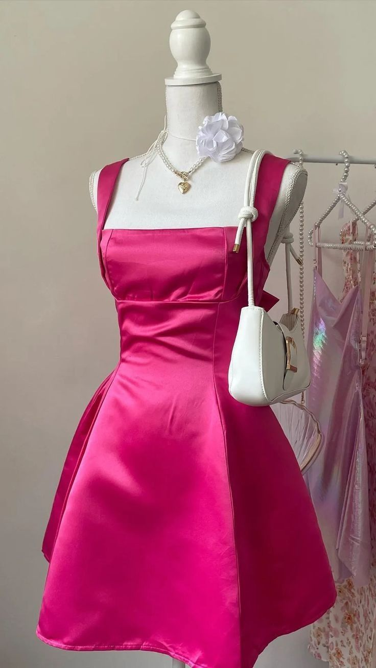 Cute Hot Pink Square Neck Satin A Line Short Party Dress Graduation Homecoming Dress