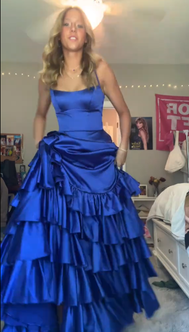Blue Ruffle Long Prom Dress Satin Slit Evening Dress Formal Party Dress