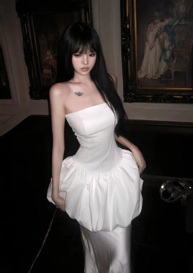 White Mermaid Strapless Satin Wedding Dress Formal Evening Dress J9012