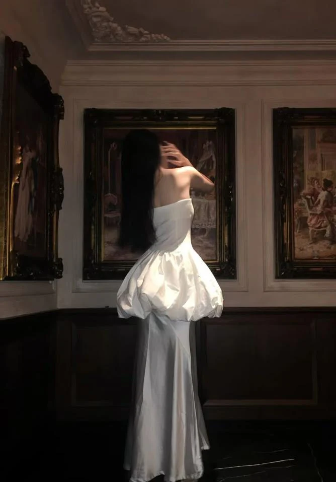 White Mermaid Strapless Satin Wedding Dress Formal Evening Dress J9012