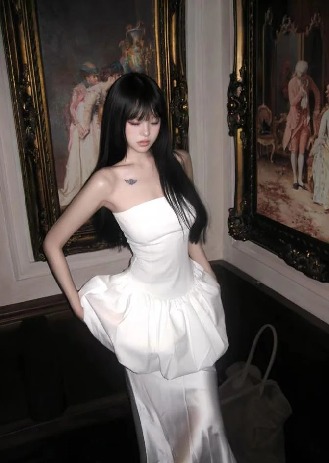 White Mermaid Strapless Satin Wedding Dress Formal Evening Dress J9012