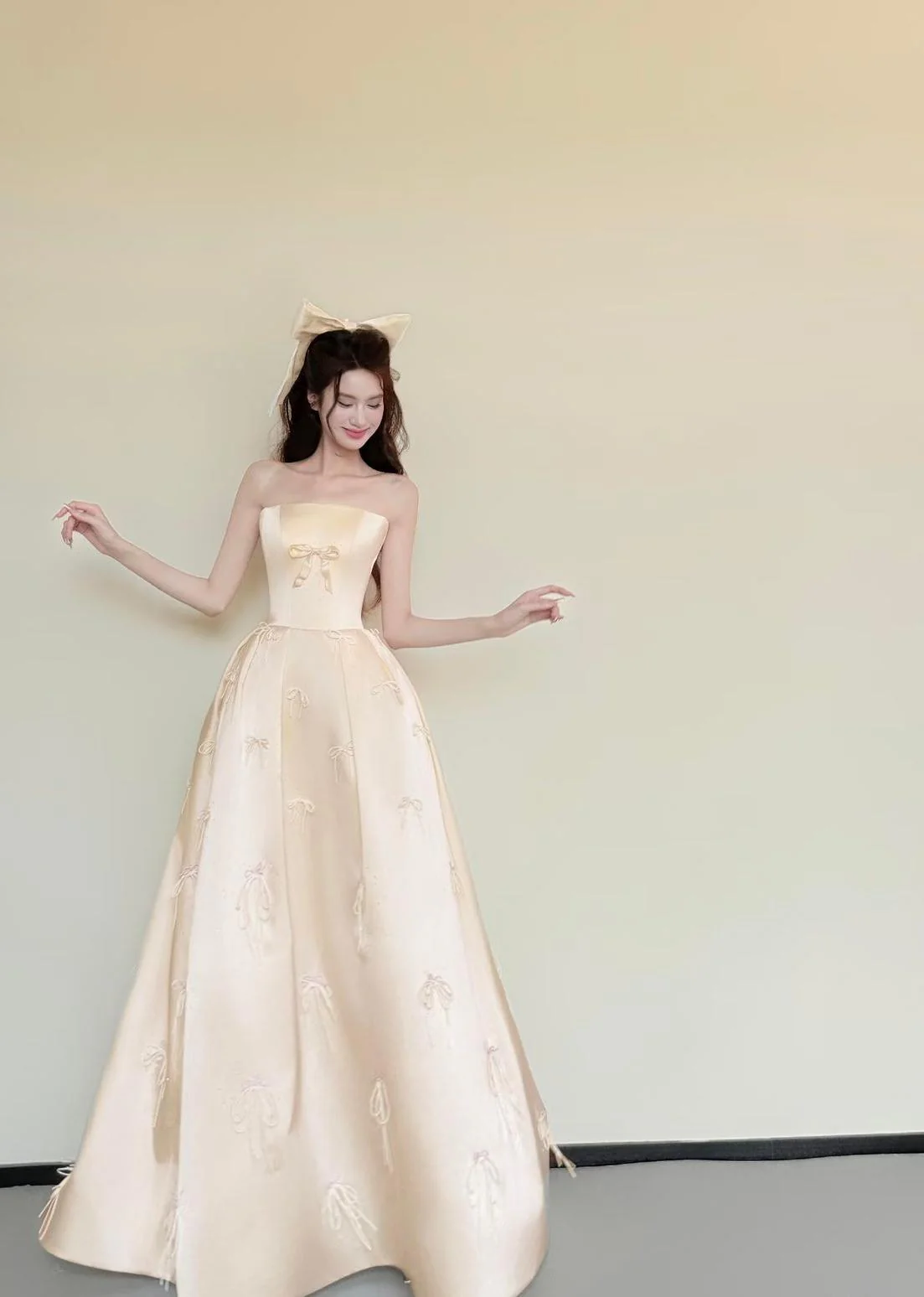 A-Line Strapless Satin Prom Dress With Bow Knot Cute Long Evening Dress For Teens