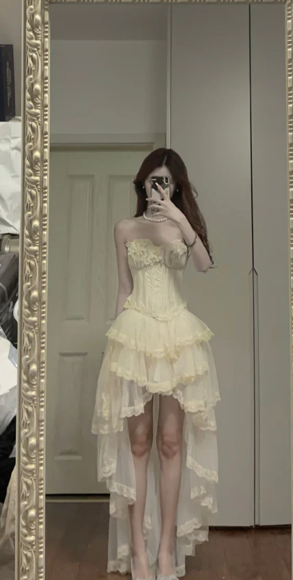 Yellow A-Line High-Low Prom Dress Sweetheart Layered Evening Dress
