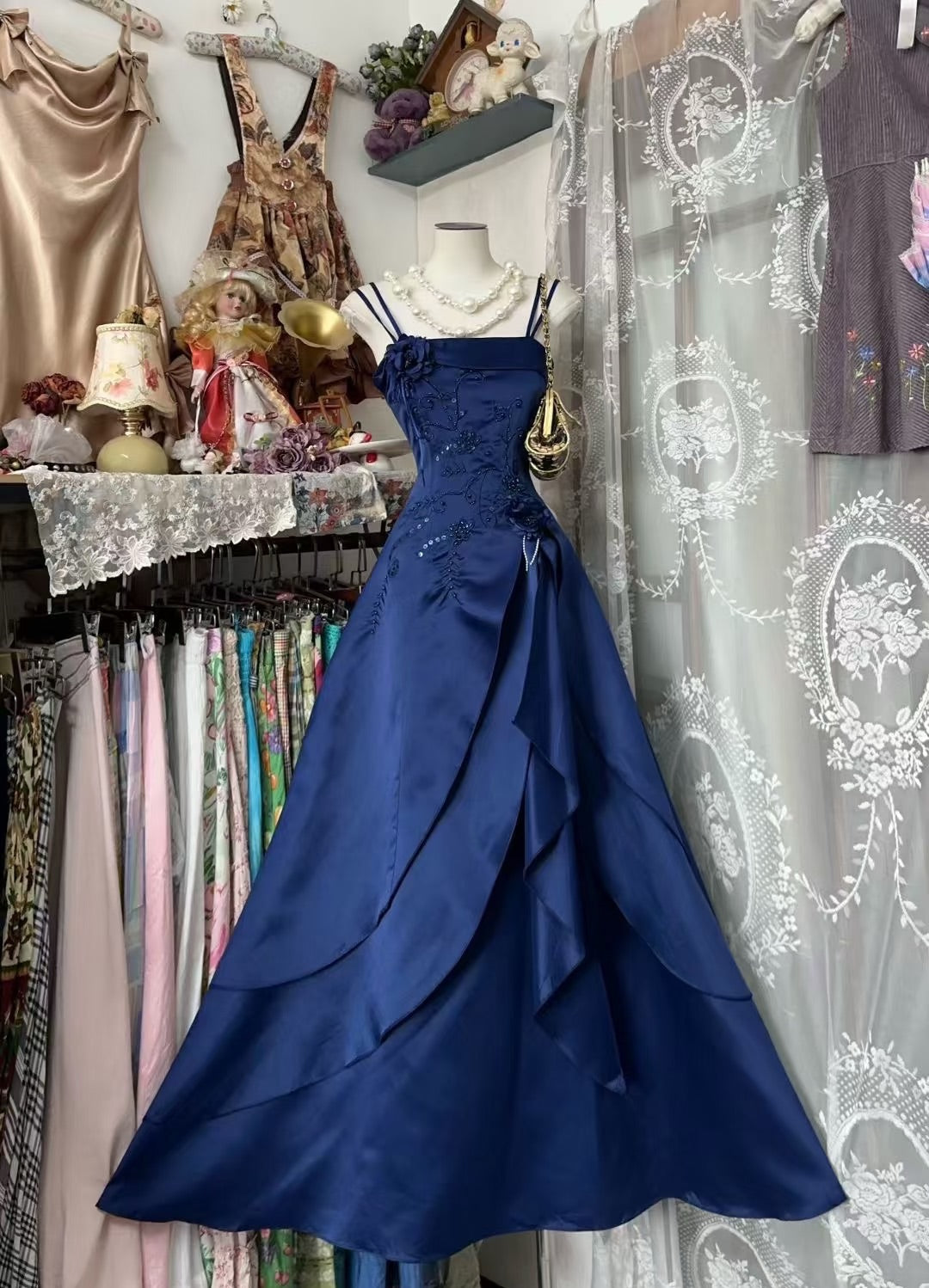 A Line Navy Blue Evening Dress Vintage Long Prom Dress J9020
