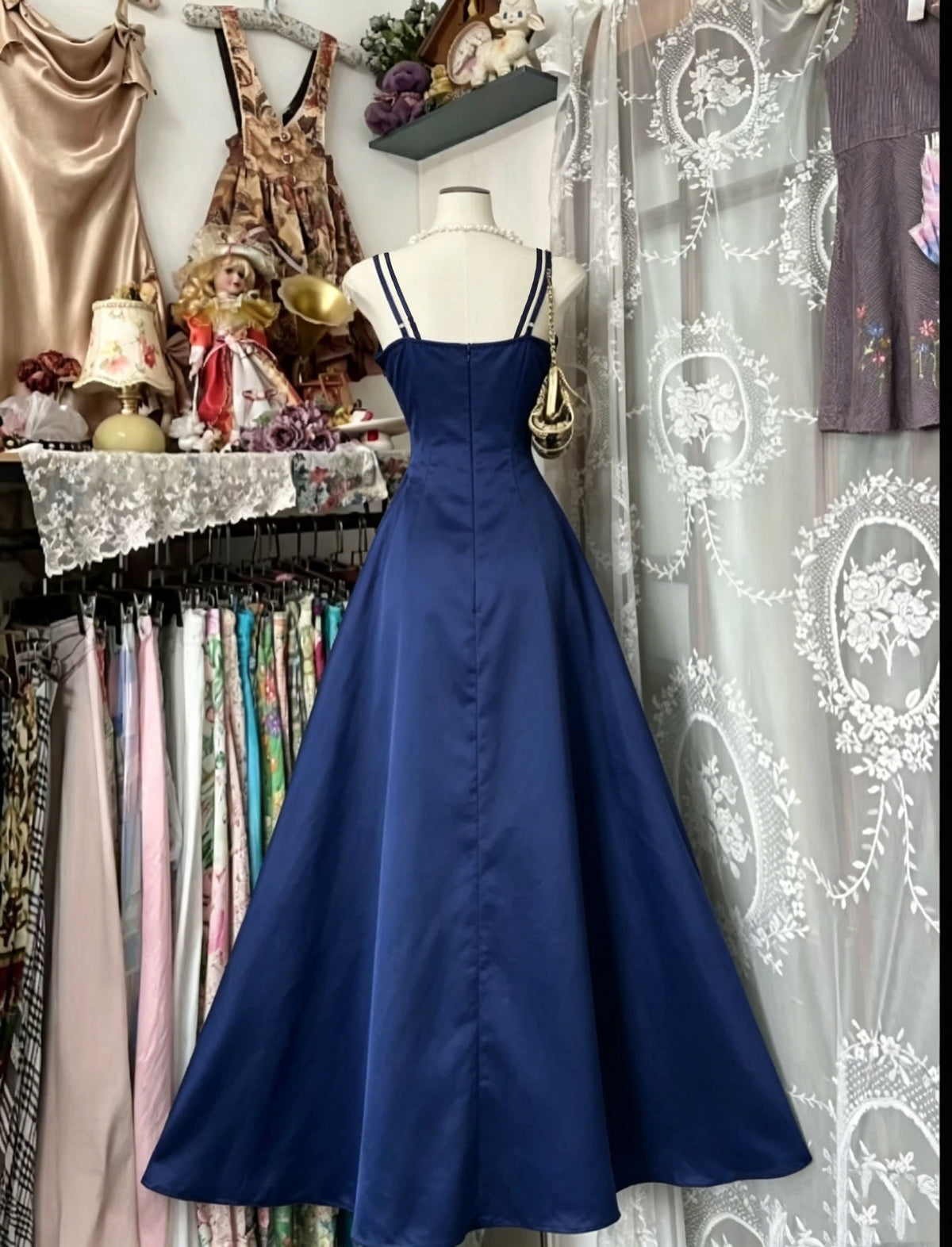 A Line Navy Blue Evening Dress Vintage Long Prom Dress J9020