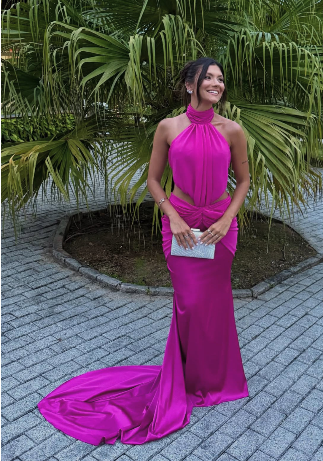 Halter Pink Wedding Guest Dress Sexy Backless Formal Evening Dress