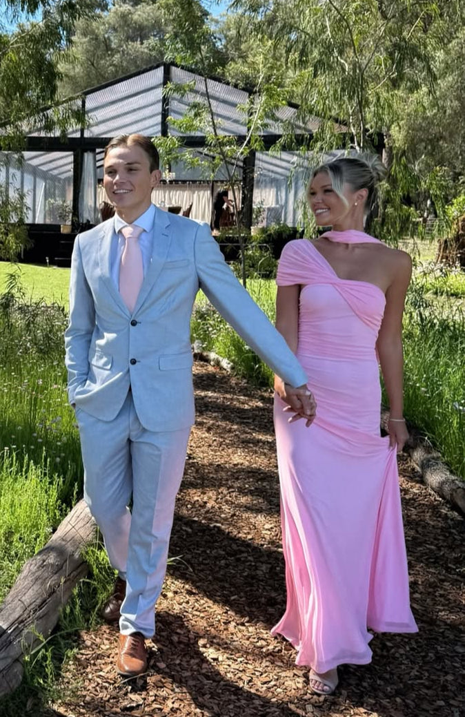 One-Shoulder Pink Prom Dress Wedding Guest Dress Formal Evening Dress