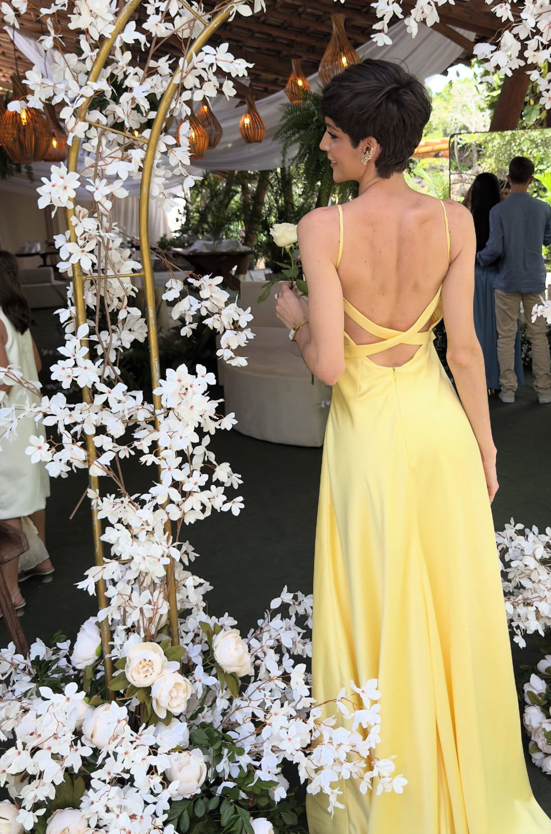 Backless Yellow Long Prom Dress Satin Formal Party Dress Graduation Dress