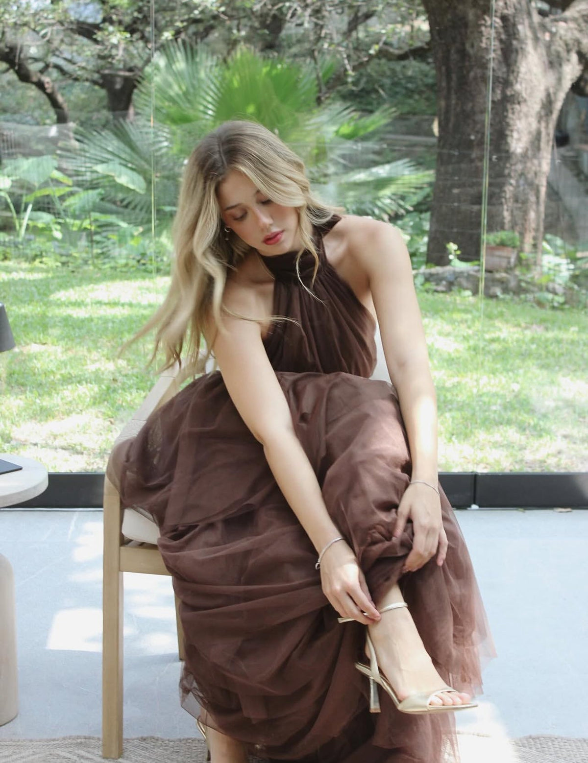 Halter Coffee Layered Long Prom Dress Backless Wedding Guest Dress J9040