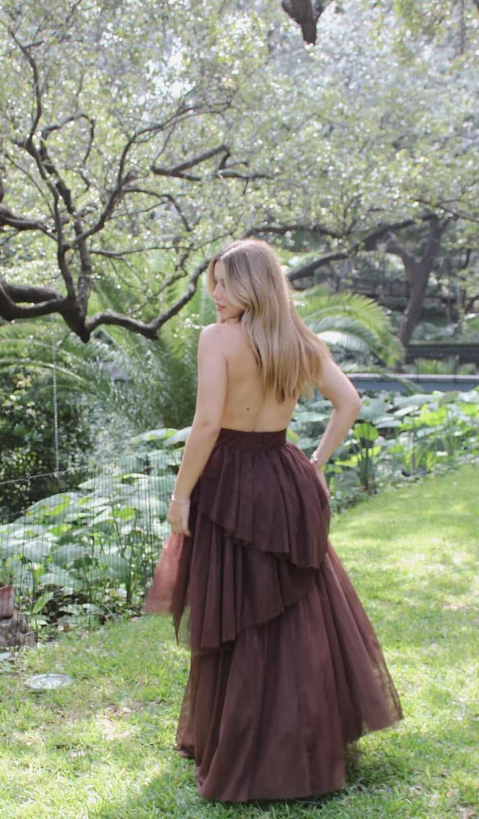 Halter Coffee Layered Long Prom Dress Backless Wedding Guest Dress J9040