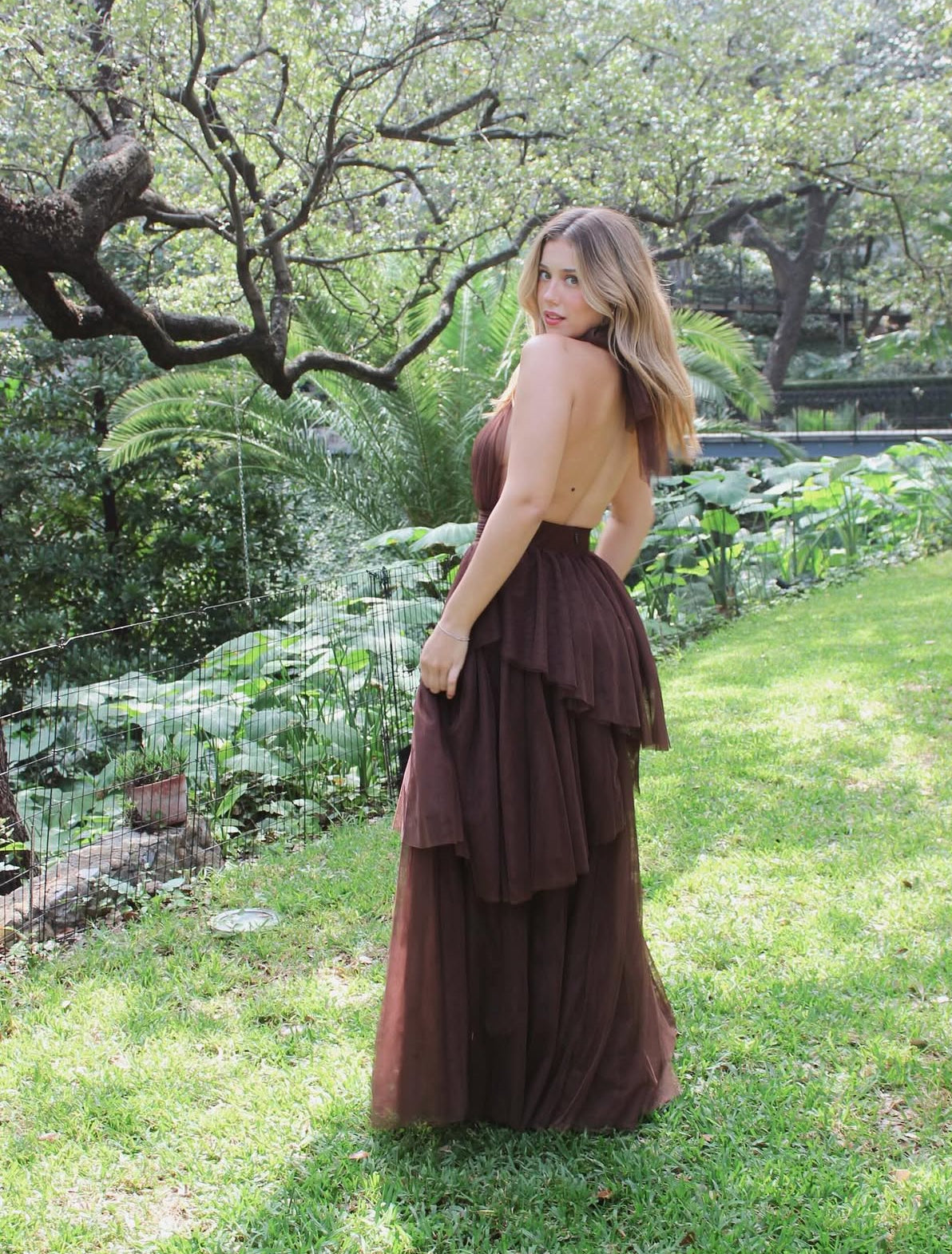 Halter Coffee Layered Long Prom Dress Backless Wedding Guest Dress J9040