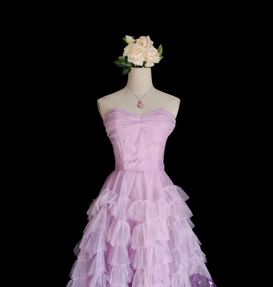 Strapless Lilac A Line Layered Long Prom Dress Graduation Dress J9042