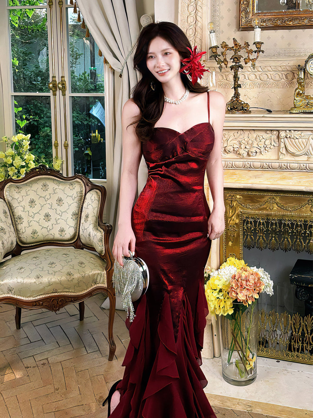 Burgundy Ruffle Prom Dress With Slit Sexy Birthday Dress Evening Dress