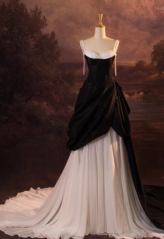 Spaghetti Straps Black Long Wedding Dresses Evening Dress