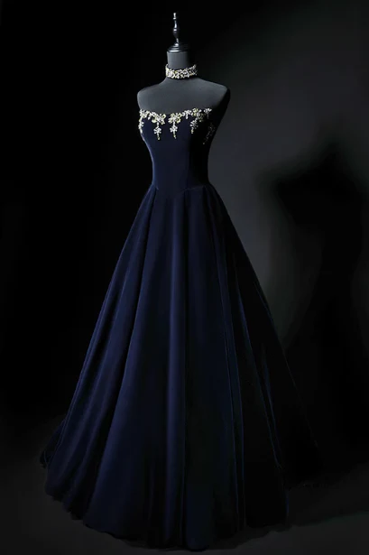 A-Line Strapless Velvet Long Prom Dress Navy Evening Dress J9070