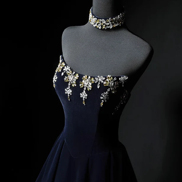 A-Line Strapless Velvet Long Prom Dress Navy Evening Dress J9070