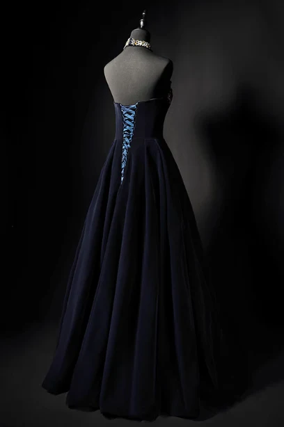 A-Line Strapless Velvet Long Prom Dress Navy Evening Dress J9070