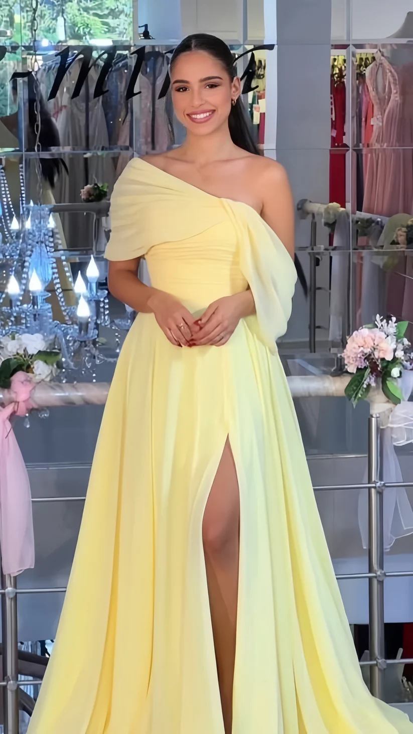 Light Yellow Chiffon Party Dress A-Line Slit Evening Gown
