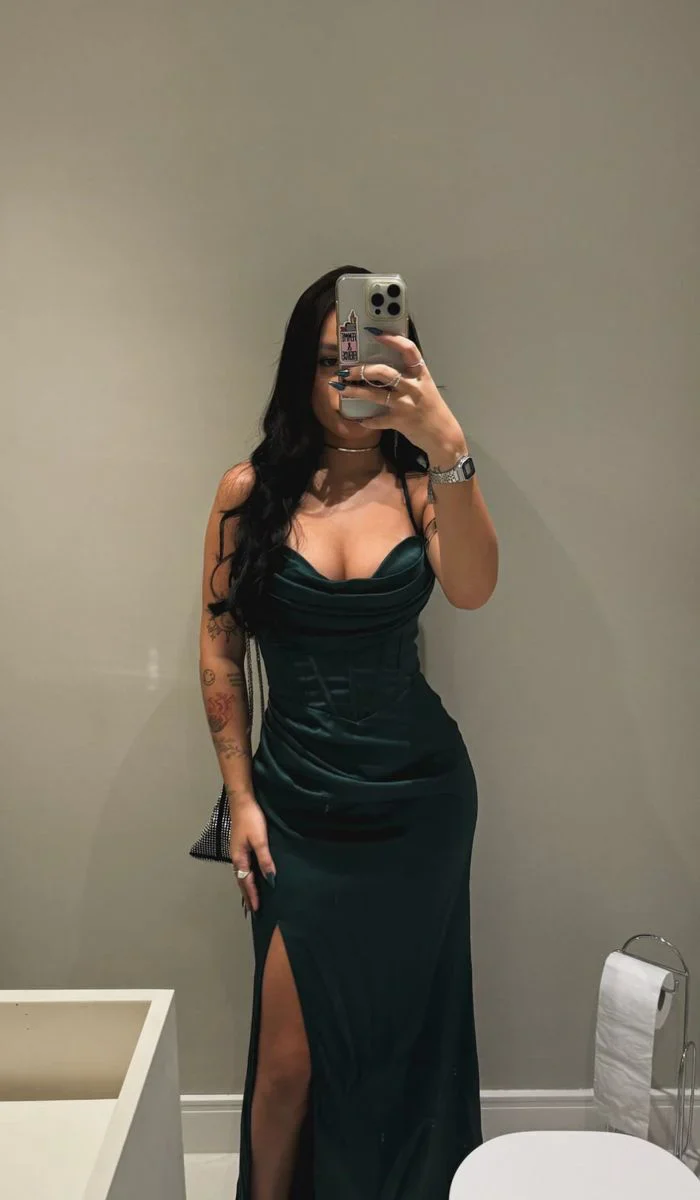 Dark Green Bodycon Long Prom Dresses Satin Evening Dress