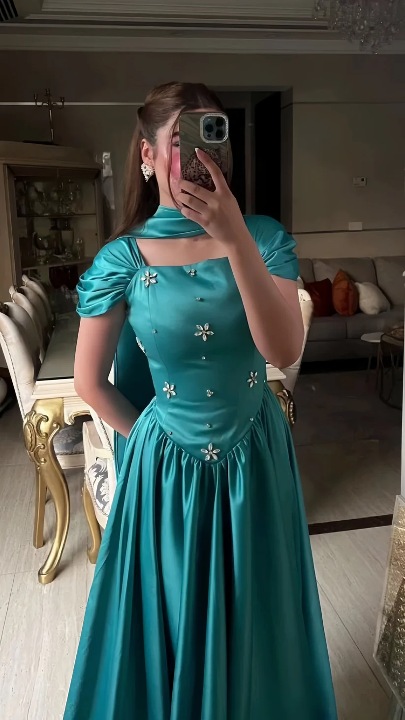 Blue A-Line Prom Dresses Beaded Long Evening Party Dress