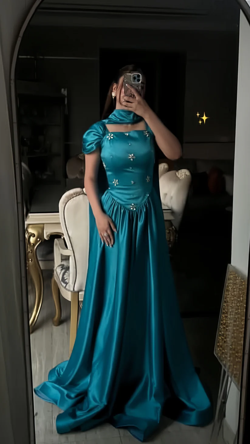 Blue A-Line Prom Dresses Beaded Long Evening Party Dress