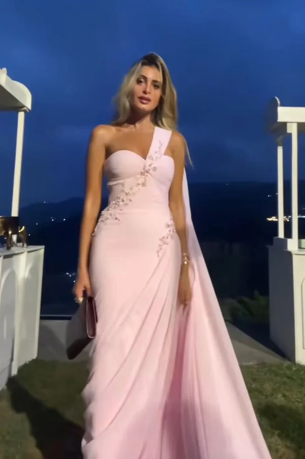 Light Pink One Shoulder Beaded Chiffon Evening Dress Wedding Guest Dress J9079