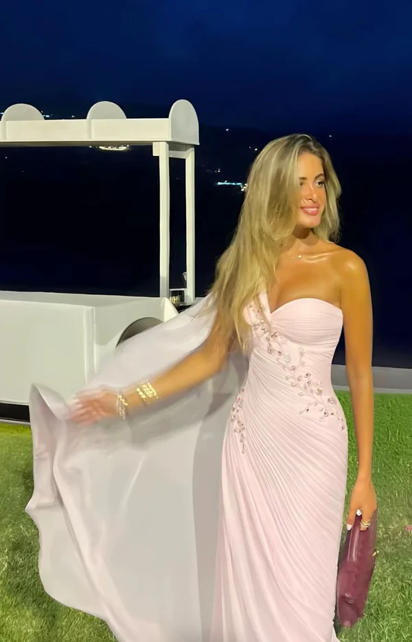 Light Pink One Shoulder Beaded Chiffon Evening Dress Wedding Guest Dress J9079