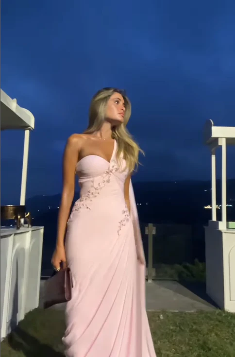 Light Pink One Shoulder Beaded Chiffon Evening Dress Wedding Guest Dress J9079