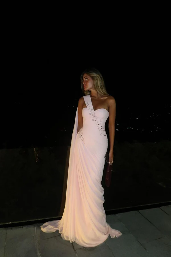 Light Pink One Shoulder Beaded Chiffon Evening Dress Wedding Guest Dress J9079