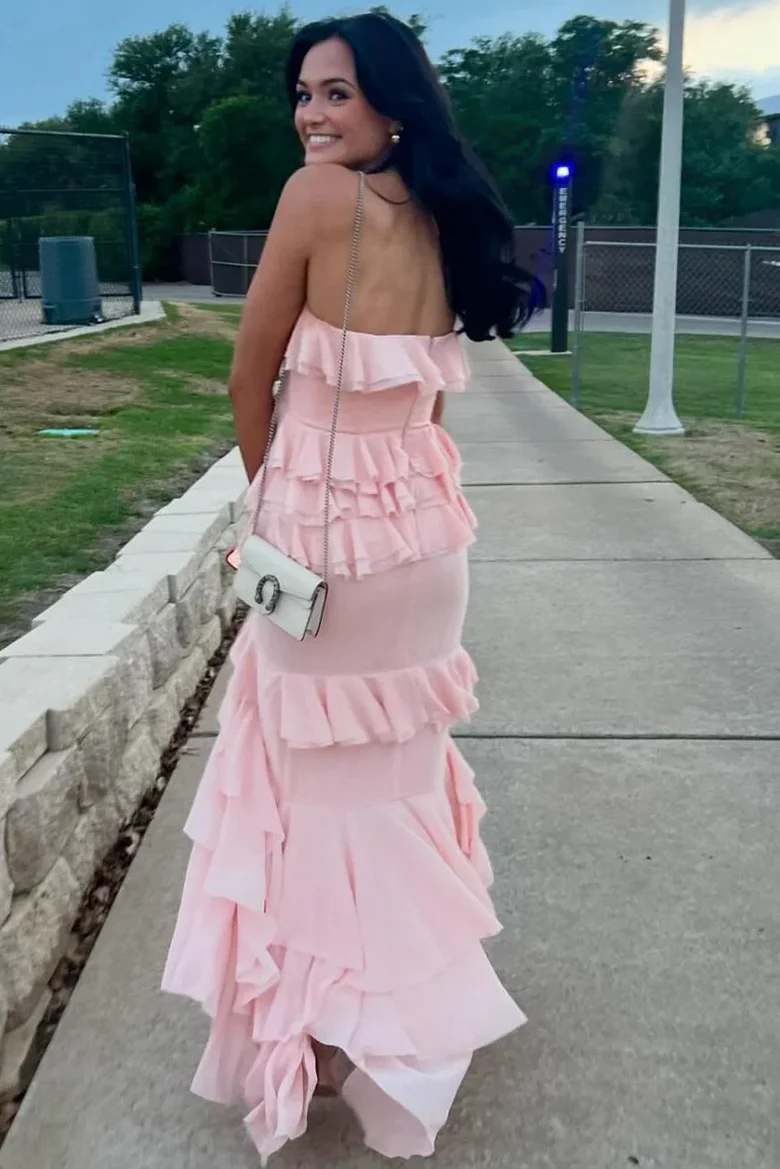 Elegant Ruffles Strapless Sleeveless Layered Long Party Prom Dress J9081