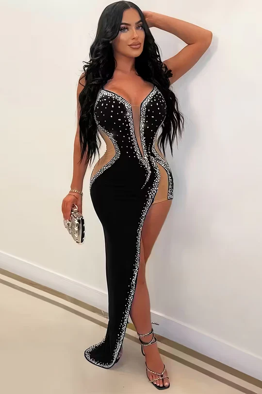 Strapless Black Beads V-Neck High Slit Prom Evening Dress J9082